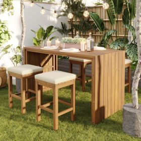 5 Piece Outdoor Bar Set, Patio Acacia Wood Bar Height Table & Four Stools with Cushions, Wood Dining Bar Set for Backyard, Poolside, Balcony, Bei 5 Piece Outdoor Bar Set, Patio Acacia Wood Bar Height Table & Four Stools with Cushions, Wood Dining Bar Set for Backyard, Poolside, Balcony, Bei